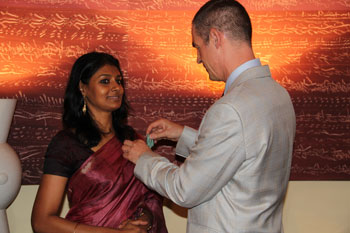 French Ambassador to India J&eacute;r&ocirc;me Bonnafont conferring the 'Knight of the Order of Art and Letters' (Chevalier dans l'Ordre des Arts et des Lettres) honour on noted film actor and director Nandita Das in New Delhi on Friday