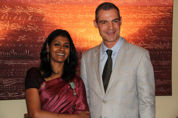 French Ambassador to India J&eacute;r&ocirc;me Bonnafont with Nandita Das in New Delhi on Friday
