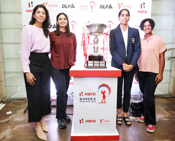 Golfers Gaurika Bishnoi, Jahanvi Bakshi, Diksha Dagar and Hitaashee Bakshi with the Hero Women's Indian Open trophy