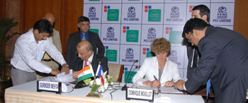 PCI Chairman Surinder Mehta and Onet Technologies President Dominique Mouillot after signing an agreement to set up a joint venture to provide various services to the Indian nuclear power industry