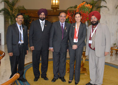 Press Secretary to Ontario Premier Jane Almeida and visiting Ontario Journalists Kanwaljit Kanwal, Jagdish Grewal and Ravi Pandey with Indian journalist Deepak Arora at the Taj Palace Hotel in New Delhi