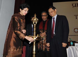 The Union Minister for Housing and Urban Poverty Alleviation and Culture, Ms Selja, lighting the lamp to inaugurate an exhibition “ Treasures of Ancient China”, presented by the Archaeological Survey of India, State Administration of Cultural Heritage and Art Exhibitions China, in New Delhi on February 19, 2011. The Chinese Ambassador to India, Mr. Zhang Yan and the Secretary, Ministry of Culture, Mr Jawhar Sircar are also seen.