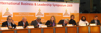 Panelists at the conference (L to R): Mr. Grand Rabbi Marc Raphaël Guedj, Director of Fondation Racines et Sources; Günter Verheugen, Vice‐President of the European Commission; Mr. Nirj Deva, Member of European Parliament, U.K.; Ms. Erika Mann Member of European Parliament, Germany; Prof. Ruud Lubbers, former Prime Minister of the Netherlands; on Brigitte Mohn, member of the executive Board, Bertelsmann Foundation; Swami Pragyapad, International Faculty, The Art of Living.