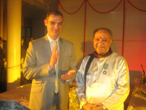 The Ambassador of France to India, Mr Jérôme Bonnafont, conferring the distinction of Chevalier dans l'Ordre des Arts et des Lettres on Classical flute exponent Pandit Hariprasad Chaurasia
