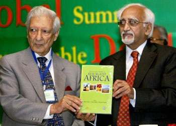Indian Vice President Mohd. Hamid Ansari releasing a book titled &ldquo;Engaging with a Resurgent Africa&rdquo; at the &lsquo;Global Summit on Sustainable Development & Climate Change&rsquo; organised by Observer Research Foundation, in New Delhi on September 24, 2009