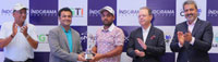 Sachin Baisoya (centre) receives the trophy from Samir H Rawal, Vice President, Indorama Ventures (2nd from left). The other dignitaries seen in the picture are Farzan Heerjee, Golf Promoter (2nd from right), Devang Shah, MD, Navratna Group (extreme left) and Amandeep Johl, CEO, PGTI (extreme right).