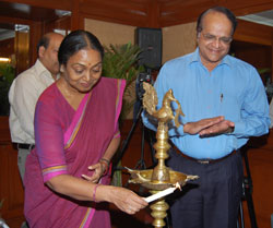 Lok Sabha Speaker Meira Kumar lighting the lamp at a function to launch the IGNOU’s Foundation Course in Bhojpuri Language in New Delhi on September 23