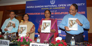 Lok Sabha Speaker Meira Kumar releasing the course material at the launch of the IGNOU’s Foundation Course in Bhojpuri Language in New Delhi on September 23