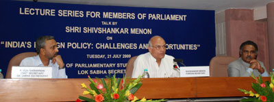 Foreign Secretary Shivshankar Menon delivering a Talk on "Foreign Policy : India’s Challenges & Opportunities”, as part of Lecture Series for MPs, organized by the Bureau of Parliamentary Studies and Training of the Lok Sabha Secretariat in Parliament Library Building on 21 July 2009. Also seen in the photograph is Lok Sabha Secretary-General Shri P.D.T. Achary.