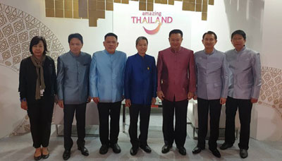 In Photo (from left to right): Mrs. Kulpramote Wannalert, Director of TAT’s ASEAN, South Asia and South Pacific Market Division; Mr. Tanes Petsuwan, TAT Deputy Governor for Marketing Communications; Mr. Pornpoth Penpas, Deputy Permanent Secretary of the Ministry of Interior and Member of the TAT Board of Directors; Mr. Boonyarit Kalayanamit, Permanent Secretary of the Ministry of Commerce and Acting Chairman of the TAT Board of Directors; Mr. Yuthasak Supasorn, TAT Governor; Mr. Klissada Ratanapruk, Executive Director of TAT’s ASEAN, South Asia and South Pacific Market Division; and Mr. Isara Sathapanaset, Director of TAT New Delhi Office, joined Thailand’s participation at SATTE 2019